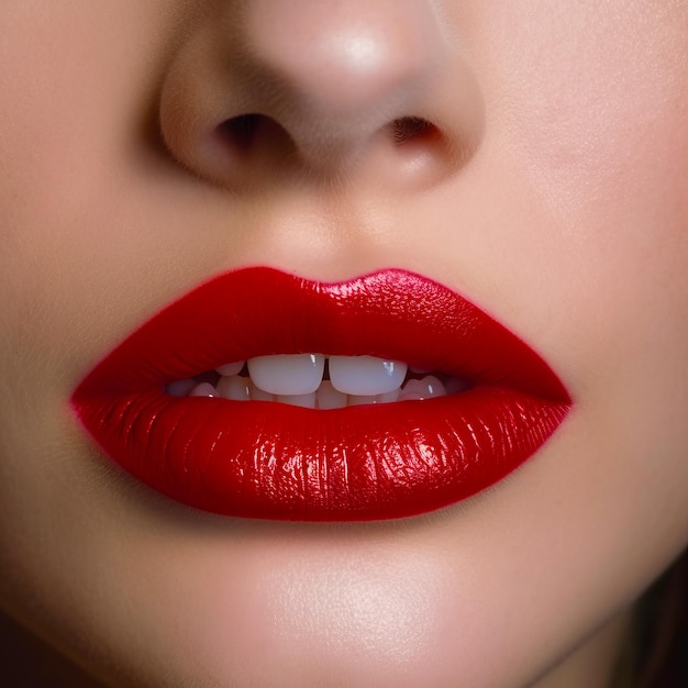 Um close dos lábios de uma mulher com batom vermelho nos lábios.