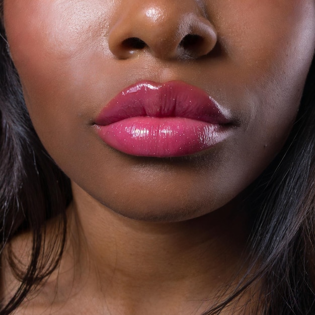 Foto um close dos lábios de uma mulher seus lábios são gordos e hidratados com uma tonalidade rosa natural