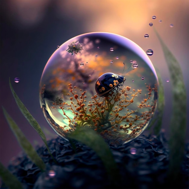 Um close extremo de uma gota de água com um inseto fofo dentro da imagem de arte mágica e sonhadora