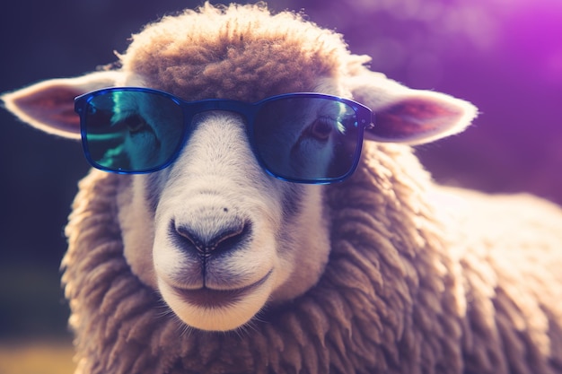 um close extremo de uma ovelha usando óculos escuros
