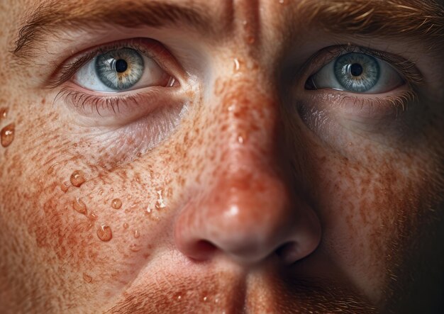 Foto um close fotorrealista altamente detalhado do rosto de um homem sardento com cada sarda