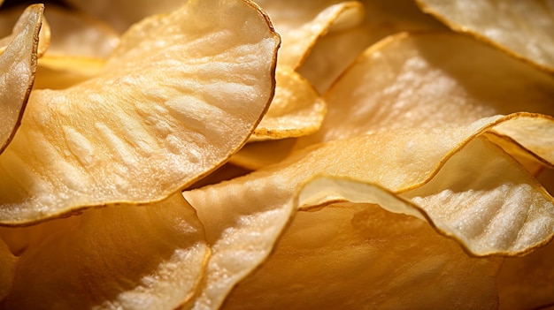 Um close hiper detalhado de batatas fritas com babados, capturando sua textura e forma únicas