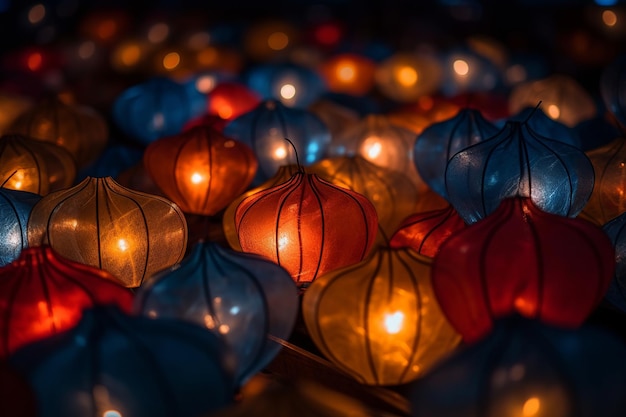 Um close hipnotizante de lanternas chinesas emitindo um brilho acolhedor que ilumina a noite