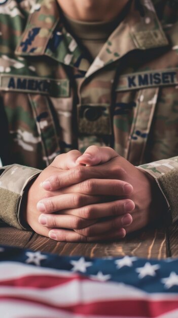 Foto um close solene de soldados de mãos apertadas contra o fundo da bandeira americana em homenagem àqueles que serviram e se sacrificaram pelo seu país