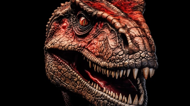 Foto um close-up da cabeça de um dinossauro com um olho vermelho.