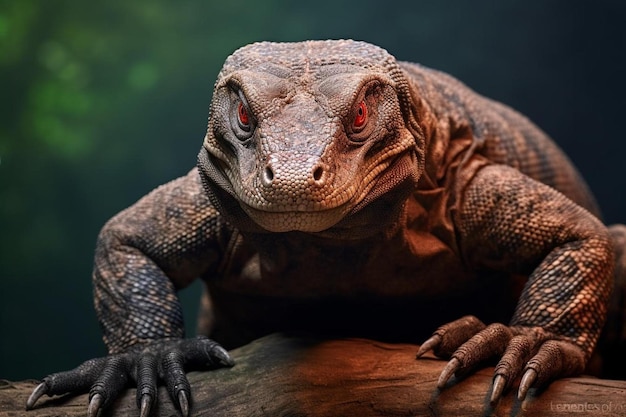 um close-up da cabeça de um lagarto com olhos vermelhos