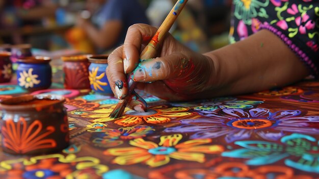 Um close-up da mão de uma pessoa pintando um mural colorido A pessoa está segurando um pincel e está pintando cuidadosamente os detalhes do mural