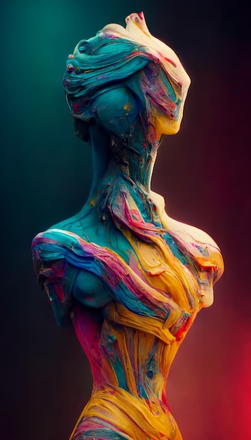 Um close-up da mulher estátua com corpo colorido pintado nela generativa ai