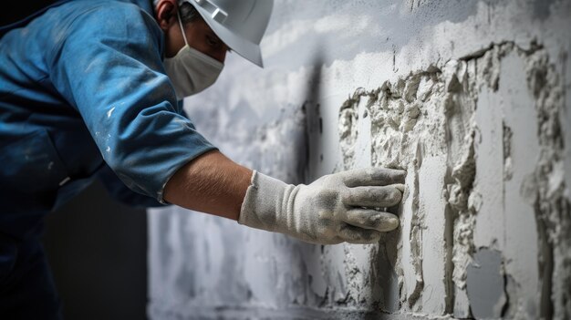 Um close-up das mãos de um trabalhador da construção civil usando luvas de proteção