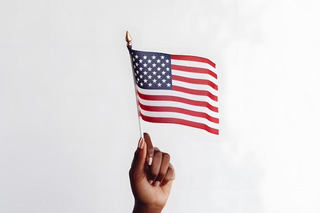 Um close-up das mãos de uma pessoa acenando uma pequena bandeira americana com orgulho