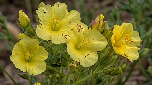 Um close-up de algumas flores amarelas com a palavra hibisco ao lado