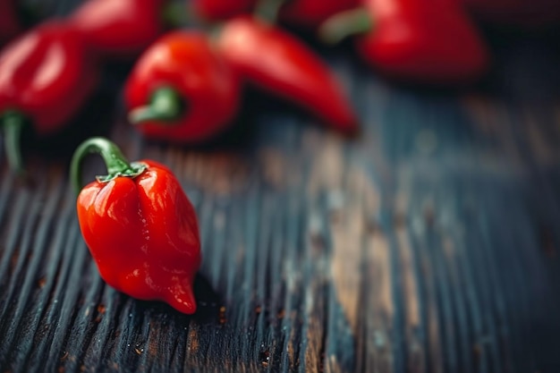 um close-up de algumas pimentas vermelhas em uma superfície de madeira