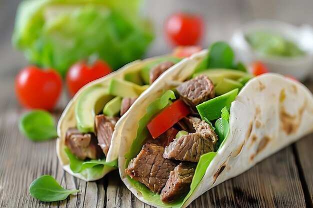 Foto um close-up de alguns tacos e alguns tomates em uma mesa