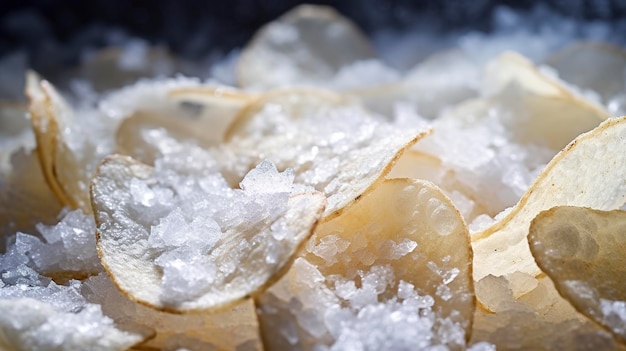 Um close-up de batatas fritas salgadas capturando o cristal como grãos de sal na superfície