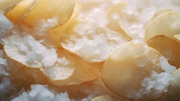 Um close-up de batatas fritas salgadas capturando o cristal como grãos de sal na superfície