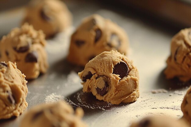 um close-up de biscoitos de chip de chocolate em uma folha de assar