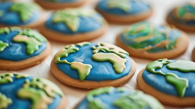 Um close-up de biscoitos decorados com gelo azul e verde a forma da Terra