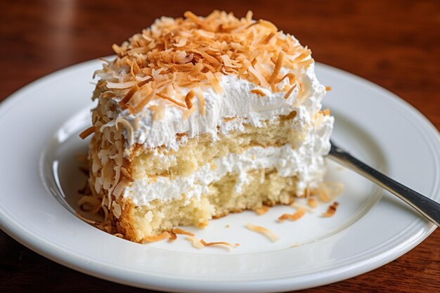 Foto um close-up de bolo de baunilha coberto com creme de coco e flocos de coco assados