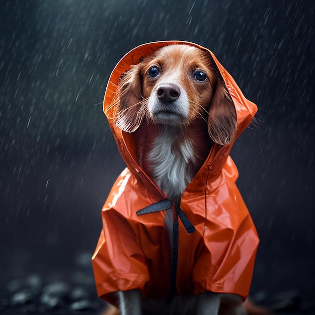 Um close-up de cachorro vestindo capa de chuva com casaco vermelho generativo ai