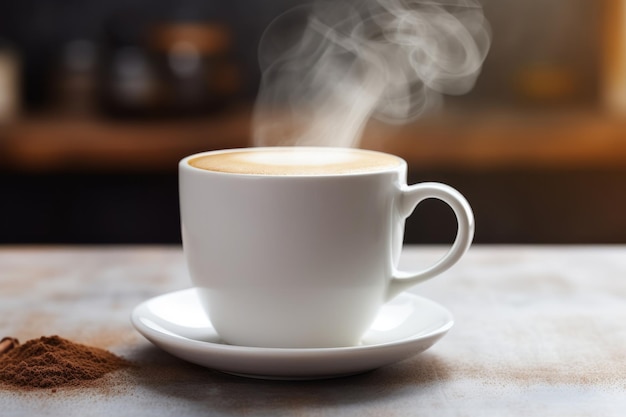 Foto um close-up de café aromático numa caneca branca num café encantador