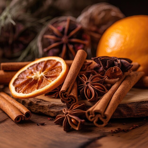 um close_up de canelas de canela e laranjas secas elementos de um vinho quente de Ação de Graças