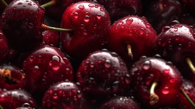 Um close-up de cerejas com gotas de água sobre eles