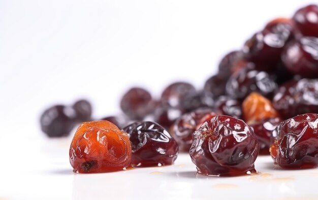 Um close-up de cerejas secas cristalizadas em um fundo branco gerado