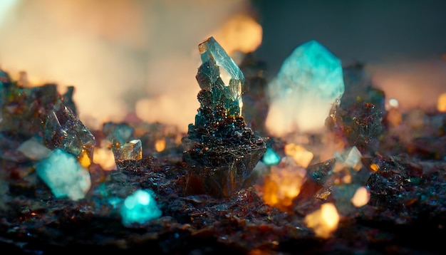 Um close-up de cristais de cluster e em campo generativo ai