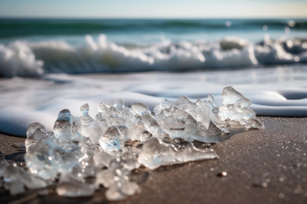 Foto um close-up de cristais de gelo em uma praia