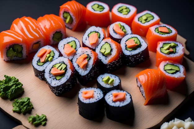 Um close-up de delicioso sushi com fatias perfeitamente cortadas e cores vibrantes, garantindo uma experiência gastronômica oriental irresistível Gerado por IA