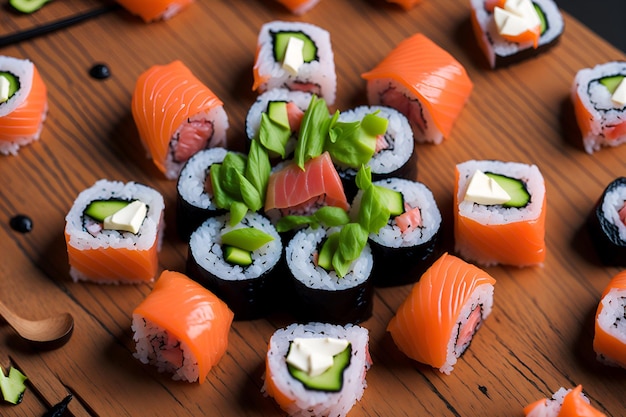 Foto um close-up de delicioso sushi com fatias perfeitamente cortadas e cores vibrantes, garantindo uma experiência gastronômica oriental irresistível gerado por ia