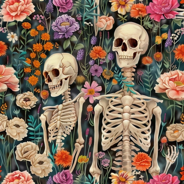 um close-up de dois esqueletos em um campo de flores generativo ai
