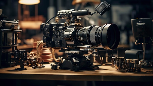 Um close-up de equipamentos cinematográficos ou técnicas de filmagem criativas