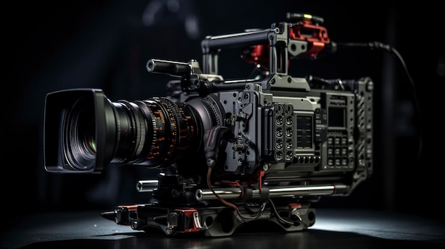 Um close-up de equipamentos cinematográficos ou técnicas de filmagem criativas