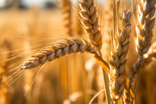 Um close-up de espigas de trigo em um campo