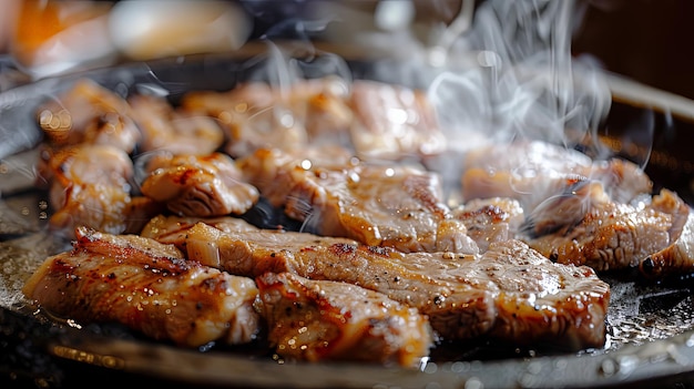 Foto um close-up de fatias de carne de porco marinadas a chispar num prato de churrasco quente, liberando sucos saborosos e atraindo os clientes com a promessa de mordidas suaves e saborosas.