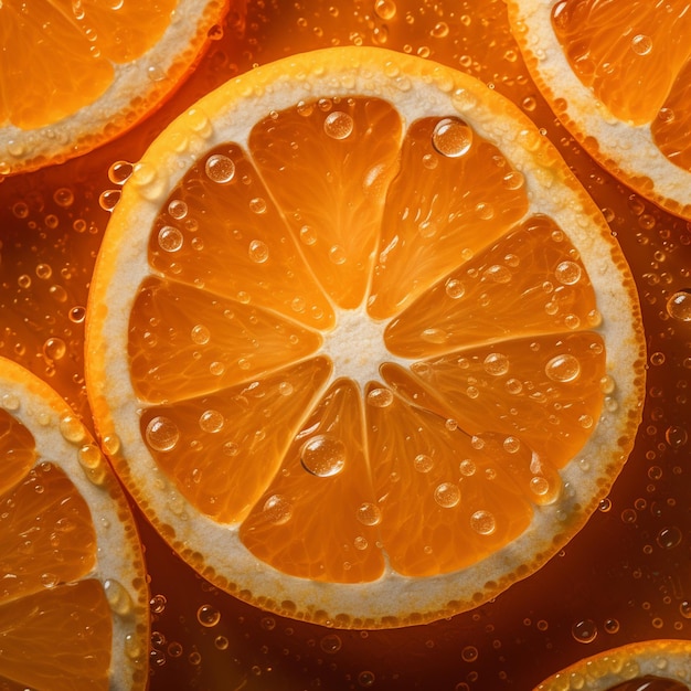 Um close-up de fatias de laranja com gotas de água sobre eles