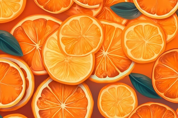 Um close-up de fatias de laranja em uma superfície castanha escura IA geradora