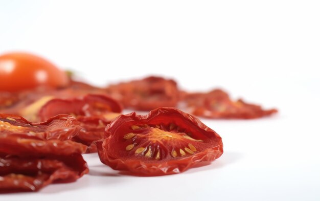 Foto um close-up de fatias de tomate defumado seco em um fundo branco gerado