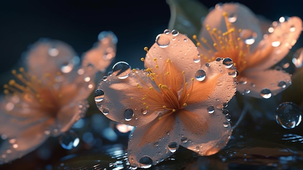 Um close-up de flores com gotas de água sobre eles