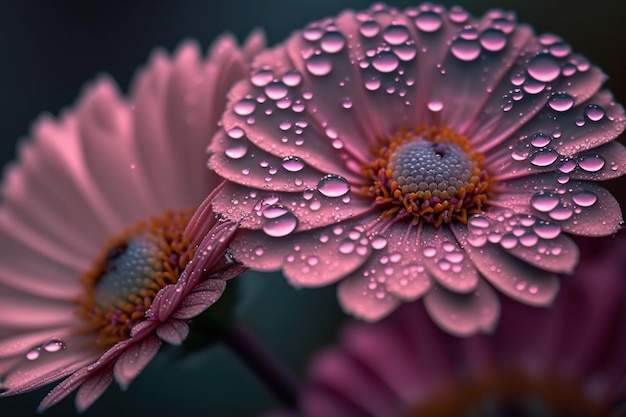 Um close-up de flores cor de rosa com gotas de água sobre eles