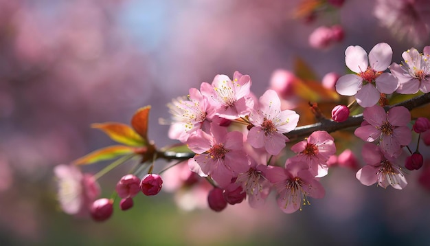 Foto um close-up de flores de cerejeira cor-de-rosa com fundo desfocado destacando as pétalas e estames das flores