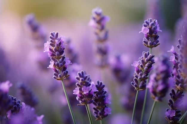 Um close-up de flores de lavanda roxas em um campo