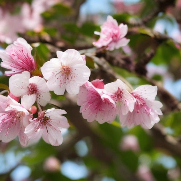 Foto um close-up de flores rosa e brancas em uma flor de cerejeira