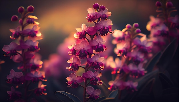Um close-up de flores roxas com o sol brilhando sobre elas
