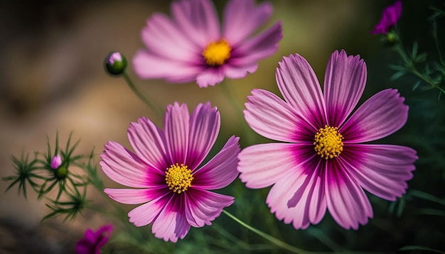 Foto um close-up de flores roxas com um centro amarelo