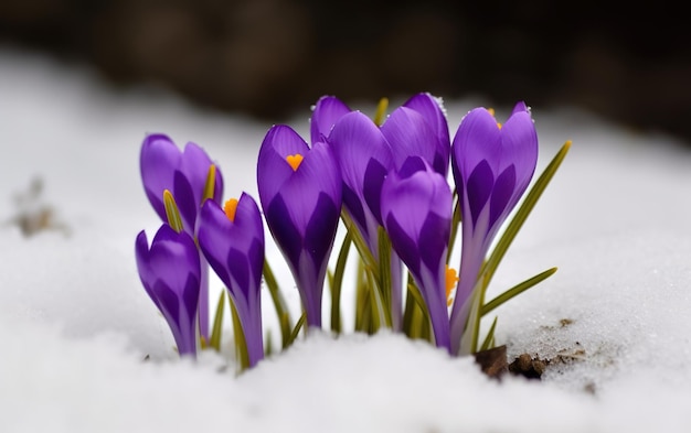 Um close-up de flores roxas de açafrão na neve