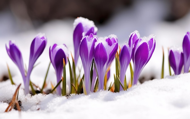 Um close-up de flores roxas de açafrão na neve