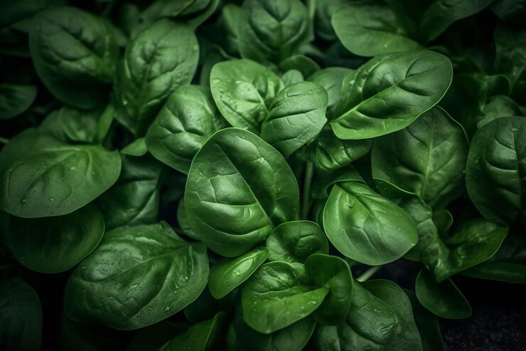 Foto um close-up de folhas de espinafre em um jardim escuro