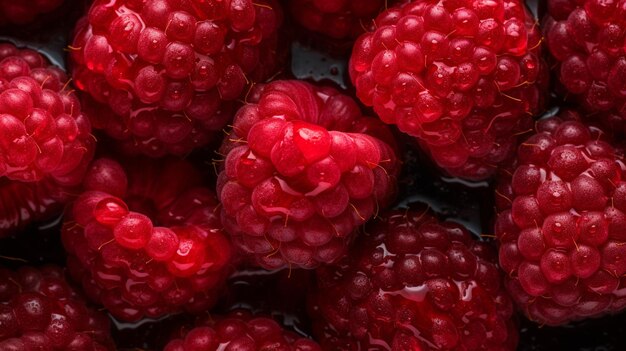 Um close-up de framboesas com gotas de água sobre eles